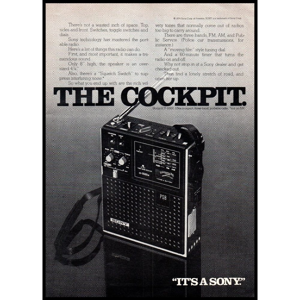 1975 Sony ICF-5500 Portable Radio Vintage Print Ad 70s High Tech Wall Art Photo